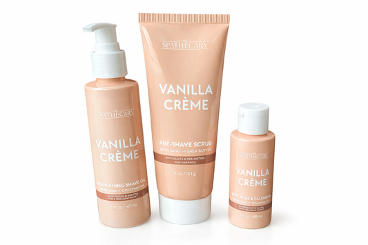 The Spathecary Vanilla Crème Pre-Shave Scrub, Shave Oil & Post-Shave Serum Trio